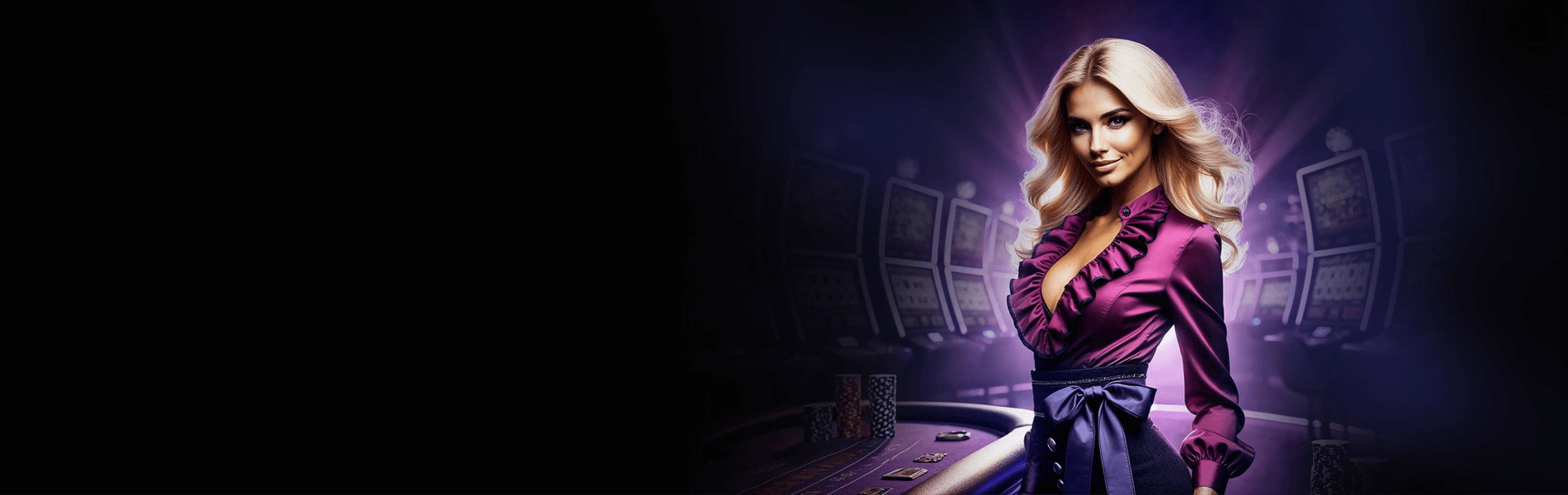 Blonde woman in a purple blouse at a casino table with slot machines in the background.